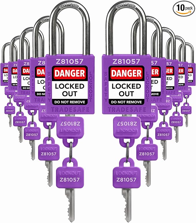 TRADESAFE Lockout Tagout Locks Set - 10 Purple Keyed Alike Padlocks, 2 Keys Per Lock, OSHA Compliant Loto Locks for Lock Out Tag Out Stations, Premium Grade