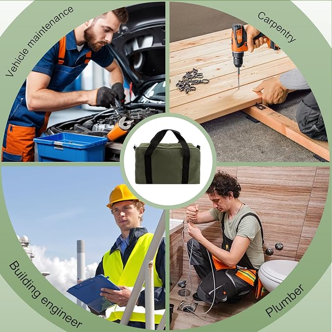 Small Tool Bag,Close Top Wide Mouth Tool Organizer Bag,Large Capacity Tool Bags for Men,Canvas Tool Storage Bag for Storage Handbag for Screwdrivers,Wrench,Pliers Hand Tools (Army Green, 16 Inch)