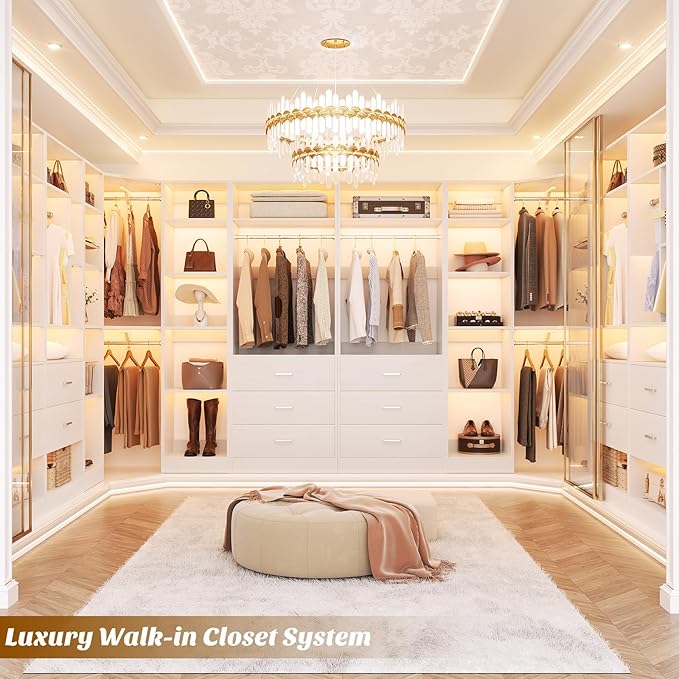Corner Closet System with 5 Drawers, Closet Organizer System with 15+Shelvess & 4 Hanging Rods, 63.2"L * 63.2"W / 87.2"L * 39.2"W Reversible L Shaped Walk-in Closets, Load 2500+LBS, White