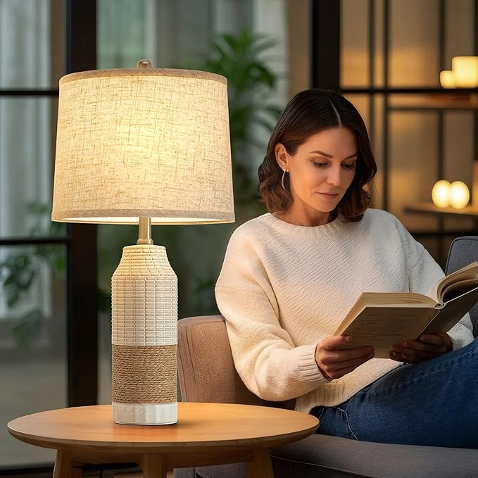 GyroVu Boho Rattan Table Lamps Set of 2, 3 Color Temperature Bedside Table Lamps for Night Stands, Vintage Farmhouse Rattan Table Lamp Antique for Decoration, Bedroom, Living Room, Bedside Table