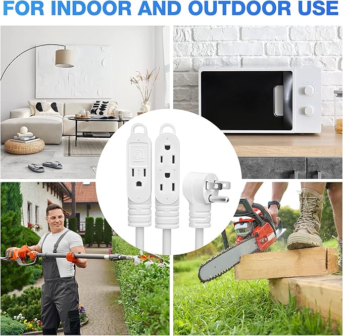 3 Prong Power Extension Cord with Multiple Outlets 15 FT, 16/3 Gauge Multi 3 Outlet Wire, 90 Degree Angled Male Plug, 16 AWG Grounded Wire (13A 125V 1625W), ETL Listed, White Cable with 25 Cable Ties