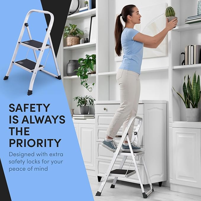 Lifetime Home 2-Step Ladder with Wide Anti-Slip Platform & Thick Rubber Feet - Lightweight Heavy Duty Foldable & Portable - 330 lbs Capacity, Steel Frame, Rubber Handgrip, Folding Step Stool - White