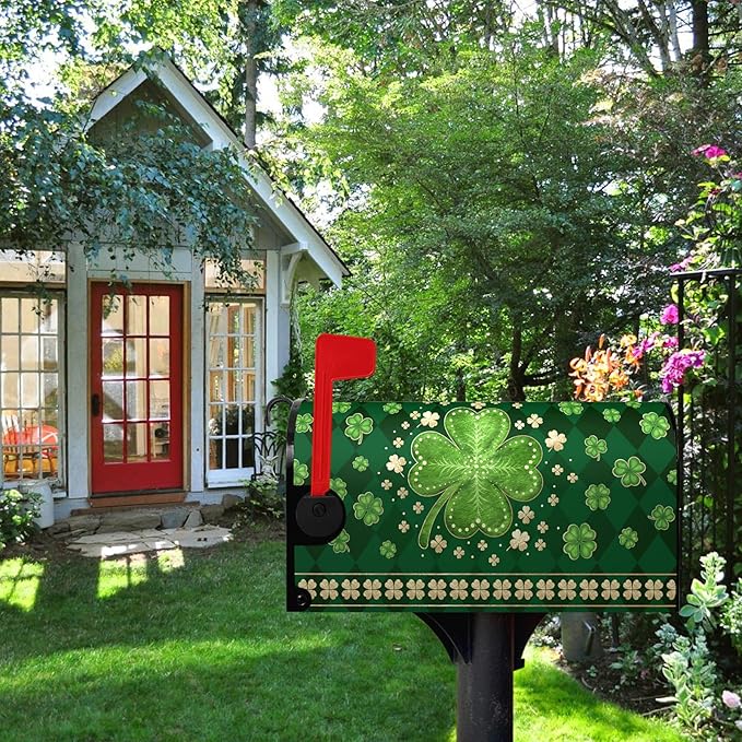 St Patrick's Day Mailbox Cover Magnetic Standard Size 18 X 21 Inch Green Shamrock Clovers Magnetic Mailbox Covers Spring Post Letter Box Cover Mailbox Wraps for Outside Garden Decor
