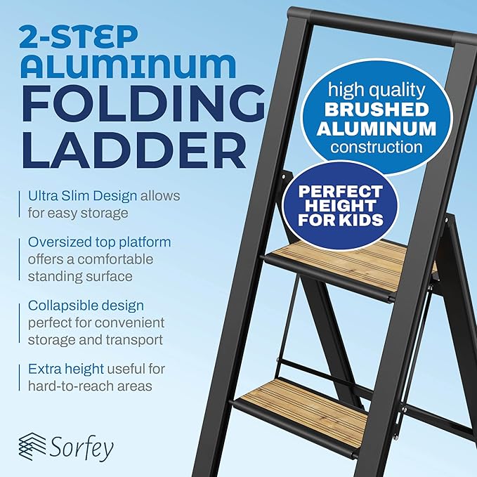 Step Ladder 2 Step Folding, Decorative - Beautiful Bamboo & Black Aluminum, Ultra Slim Profile, Anti Slip Steps, Sturdy-Portable for Home, Office, Kitchen, Photography Use,by SORFEY
