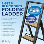 Step Ladder 2 Step Folding, Decorative - Beautiful Bamboo & Black Aluminum, Ultra Slim Profile, Anti Slip Steps, Sturdy-Portable for Home, Office, Kitchen, Photography Use,by SORFEY