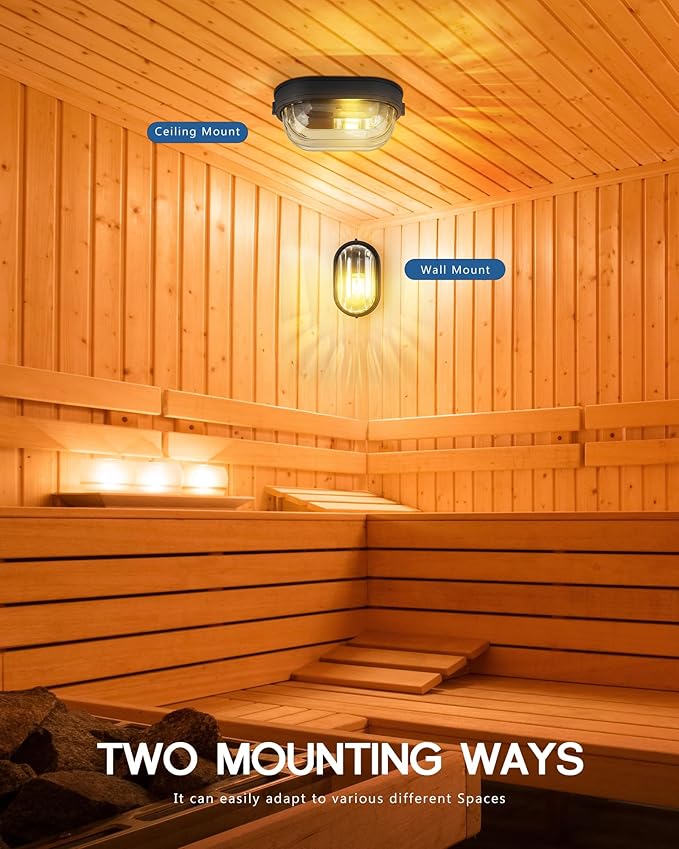 FEMILA 11" Oval Bulkhead Exterior Wall Sconce, 2 Pack Wall Light & Ceiling Flush Mount, Aluminum, Ripple Glass, Front Porch Light for Patio/Garage/Entry, 4FYX104FL-2 BK SW