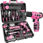 Drill Set: Tool Set with 8V Pink Cordless Drill, Home Tool Kit with Drill, Hand Tool Kits for Women, Homeowner, Diyer, Handyman, 127Piece