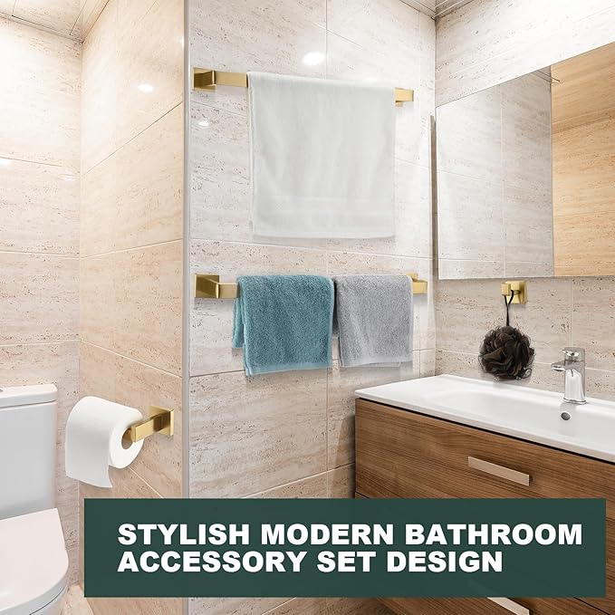 Gisafai 20 Pcs Bathroom Hardware Accessories Set 23.6 Inch Bath Towel Bar Kit Stainless Steel Bathroom Hardware Set Towel Racks Ring Hooks Paper Holder for Wall Mounted (Brushed Gold)