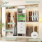 Closet System with Drawer - 8FT Wood Closet Organizer System with 3 Hanging Rods and Shelving Tower, 96" Walk In Closet Organizer Wardrobe, Heavy Duty Garment Rack Clothes Rack, White