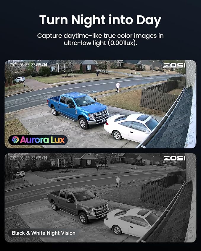 ZOSI 16CH 4K PoE Security Camera System,8pcs 4K C186 Aurora Lux Outdoor PoE Cameras with True Full Color Night Vision,Person Vehicle Detection,2 Way Audio,8MP 16CH NVR with 4TB HDD for 24/7 Recording