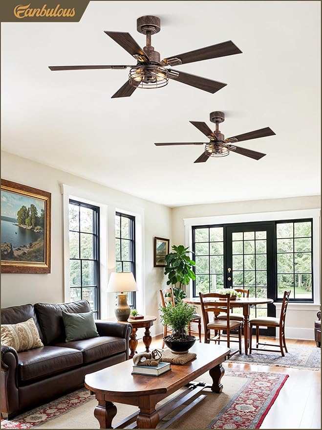 2 Pack Farmhouse 42 Inch Ceiling Fans with Lights, Industrial Caged Ceiling Fans for Bedroom Living Room, Double-Sided 5 Blades Rustic Ceiling Fan-Black Gold