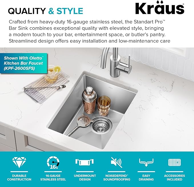 KRAUS Standart Pro 14 -inch Undermount Single Bowl 16 Gauge Stainless Steel Bar Kitchen Sink, KHU101-14
