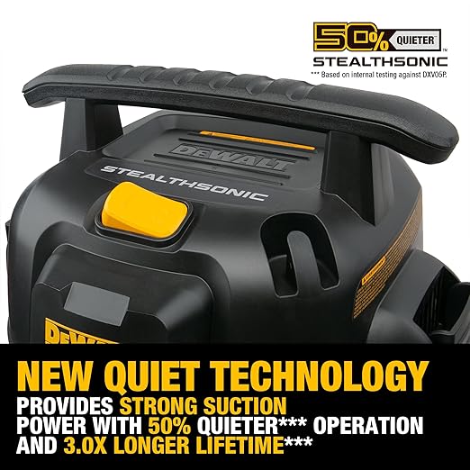 DEWALT 6-Gallon STEALTHSONIC Ultra Quiet Poly Shop Vacuum Wet and Dry, 5 Peak HP Noise Reduction Wet/Dry Vac for Jobsite, Workshop, and Garage, DXV06P-QTB