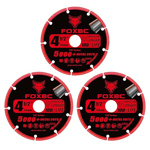 FOXBC 4-1/2 Inch Diamond Cutting Wheel Metal Cut Off for Angle Grinder, 5000+ Cuts on Rebar, Stainless Steel, Angle Iron, 7/8" Arbor - 3 Pack