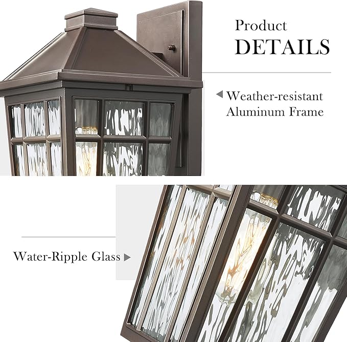 Darkaway Large Outdoor Sconce Lights Wall Light Fixtures,14inch Exterior Porch Light Outdoor Sconce Anti-Rust Waterproof Aluminum Outside Light with Water Ripple Glass for Patio Yard Doorway Garage