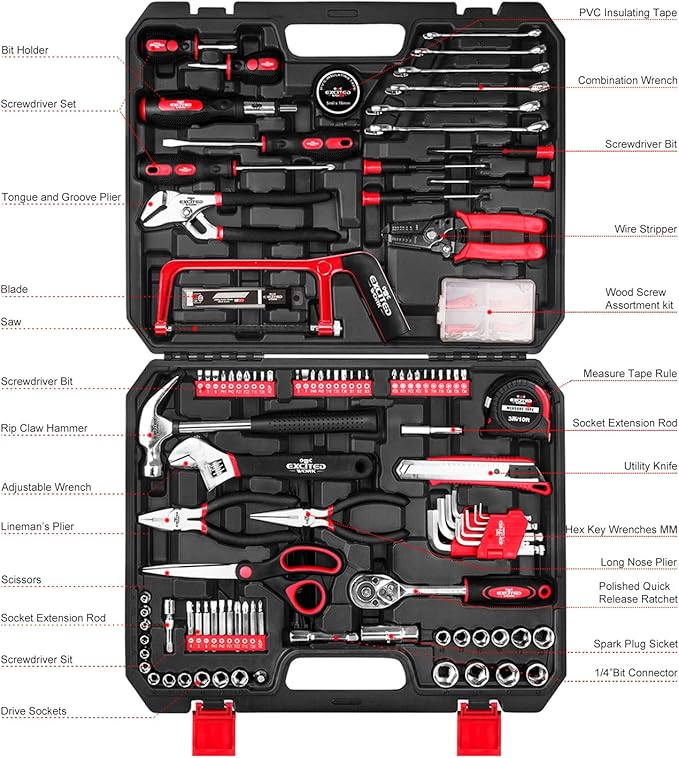 198 Piece Household Tool Set,General Home/Auto Repair Hand Tool Kit with Hammer, Pliers, Wrenches, Sockets and Toolbox Storage Case