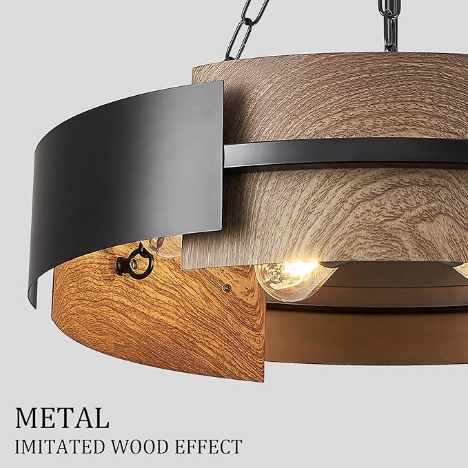 Modern Chandelier 24" Industrial Drum Light Fixture Black Metal 6-Light Hanging Chandelier Walnut Wood Grain for Living Dining Room Foyer Entryway Kitchen