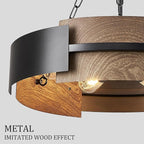 Modern Chandelier 24" Industrial Drum Light Fixture Black Metal 6-Light Hanging Chandelier Walnut Wood Grain for Living Dining Room Foyer Entryway Kitchen