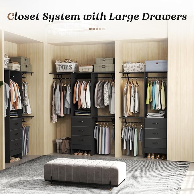 YOUDENOVA 5FT Wood Closet System with 3 Drawers, 59 Inches Wood Closet Organizer System, Walk-in Closet Built In System Tower with Shelves, Closet Wardrobe Clothes Garment Rack, Black