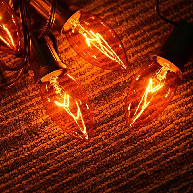 25 Pack C9 Orange Replacement Bulbs, C9 Incandescent Replacement Bulbs for Outdoor Indoor Patio Halloween Christmas String Lights, C9/E17 Intermediate Base Bulbs, 7 Watt, 120 Volt
