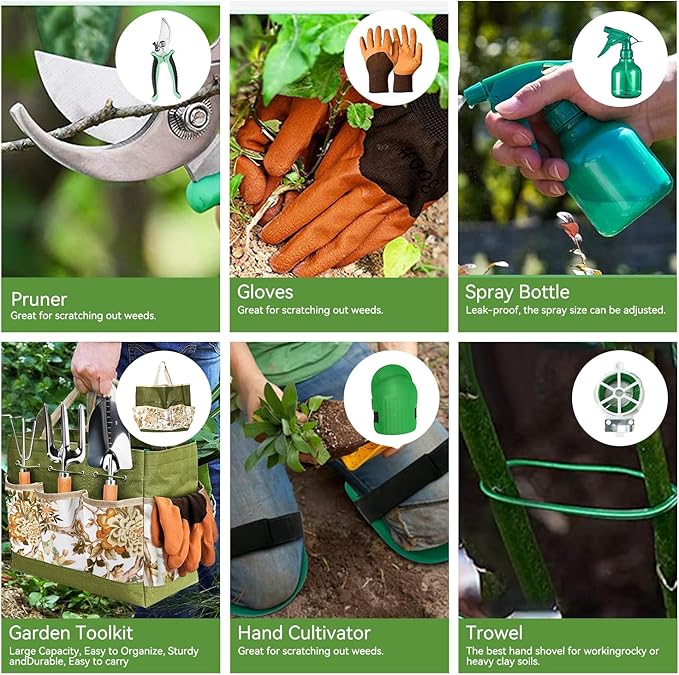 Gardening Tools 13 PCS Stainless Steel Heavy Duty Garden Tool Set with Storage Tote Bag, Knee Pads, Squirt Bottle and Gloves, Gardening Hand Tool Gifts Kit for Women Men