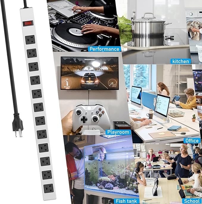 JUNNUJ Metal 12 Outlet Power Strip, Mountable Heavy Duty Power Strip, 1200J Surge Protector Wall Mount Screws Outlet with Switch, Gaming Desk Strips Wide Spaced 15A 125V 1875W, 10 FT 14AWG Power Cord