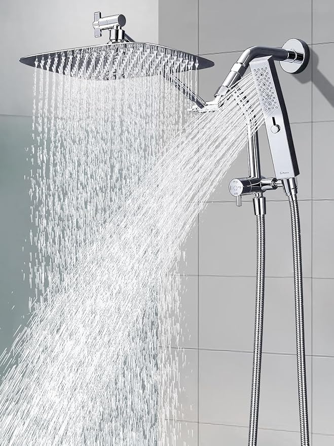 G-Promise All Metal 12 Inch Shower Head with Massage Mode Handheld, Rain Shower Head with Handheld Spray Combo, 3-Way Diverter with Pause Setting, 11 Inch Adjustable Extension Arm (Chrome)