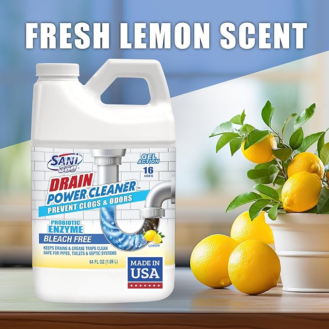 SANI 360° Drain Power Cleaner, Probiotic Enzyme Gel Formula, Odor eliminator, prevents clogs, Grease, Soap Scum, Save Money on Plumbing, Pipes and Septic safe, Made in the USA, 16 Uses, Lemon Scent