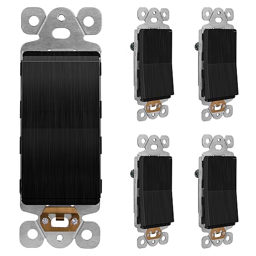 LIDER Brushed Black Minimalist Design Decorator Switch, Frameless Paddle Wall Light Switch, On/Off Rocker Switch, Single Pole, Residential Grade, UL Listed, 3 Wire, 15A 120-277VAC, 5 Pack
