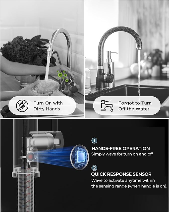 FORIOUS Touchless Kitchen Faucet with Pull Down Sprayer, Black Hands-Free Smart Motion Sensor Sink Faucet Single Handle Contemporary, Suitable for Farmhouse Laundry Camper RV Bar
