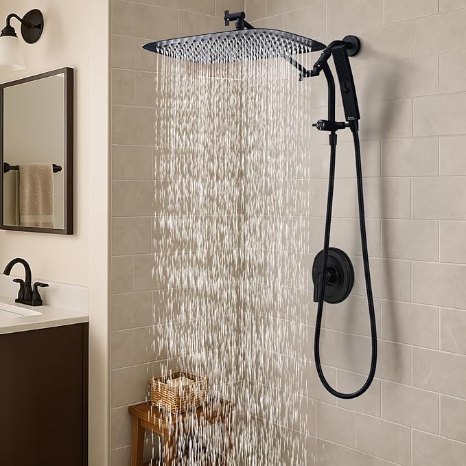 G-Promise All Metal 16 Inch Shower Head with Massage Mode Handheld, Rain Shower Head with Handheld Spray Combo, 3-Way Diverter with Pause Setting, 12 Inch Adjustable Extension Arm (Matte Black)