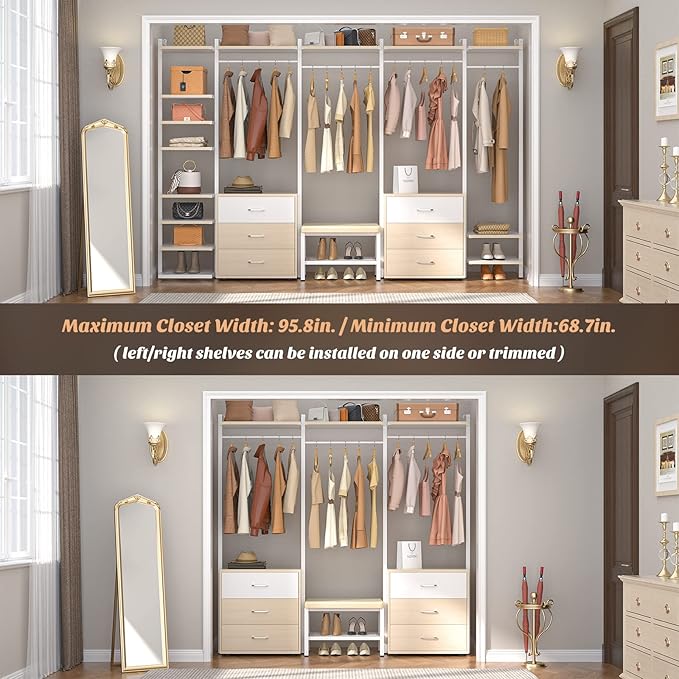 Aheaplus 8FT Closet Organizer Systems with 6-Drawers, 96'' Wood Closet Organizer with Storage for Walk in Closets, Clothing Rack Wardrobe Closet Garment Rack for Hanging Clothes, Bedroom, White Oak