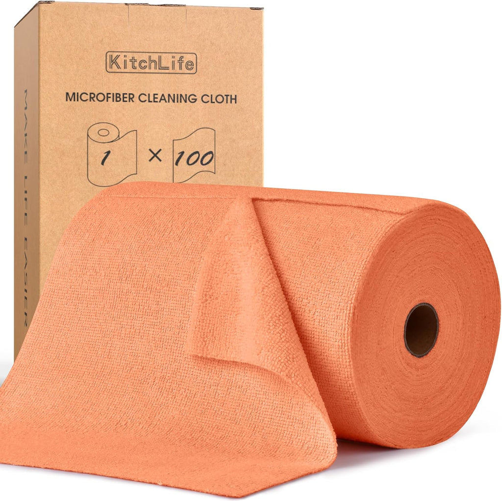KitchLife Microfiber Cleaning Cloth Roll, 100 Pack - Tear-Away Microfiber Paper Towels, Lint-Free, Reusable, Washable for Kitchen, Car, Dishes, and Sensitive Surfaces (Coral)