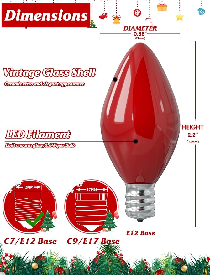 SUNSGNE Christmas Replacement Light Bulbs, C7 LED Ceramic Glass Multicolor Christmas Bulbs, 25 Pack, C7/E12 Candelabra Base, 0.6 Watt