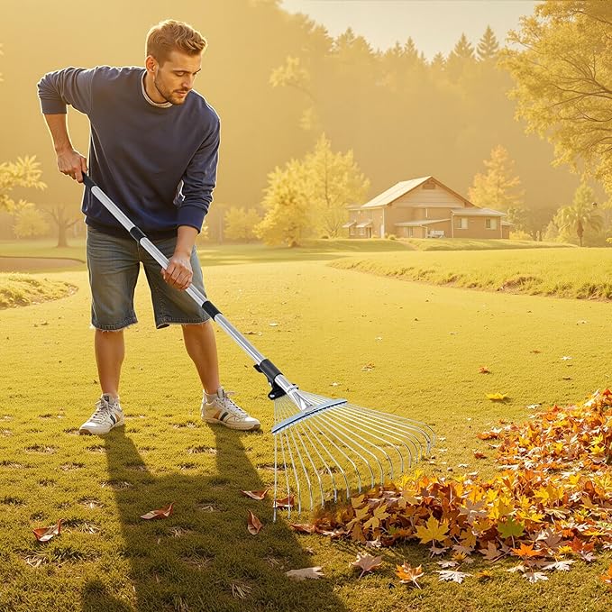 VEVOR Leaf Rake, 18 Metal Tines, Adjustable Garden Rake for Lawns with 7.7-17.1 Inch Head & 32.3-55.6 Inch Long Handle, Heavy Duty Stainless Steel Small Leaves Tool for Gardening Camping Yard Grass