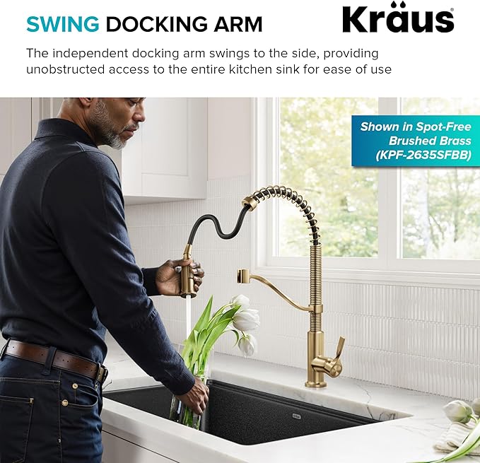 KRAUS Torak Pull Down Kitchen Faucet in Spot-Free Stainless Steel with Commercial Style Spring Spout, 2 Function Sprayer, Pre-Attached Water Lines, and Mounting Hardware, KPF-2635SFS