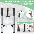 Telescoping Ladders 10.5 FT Aluminum Ladder - One-Button Retraction Collapsible Extension Ladder for Home,RV,Attic & Loft, Lasts 330 LBS with 2 Triangle Stabilizers and 2 Detachable Hooks