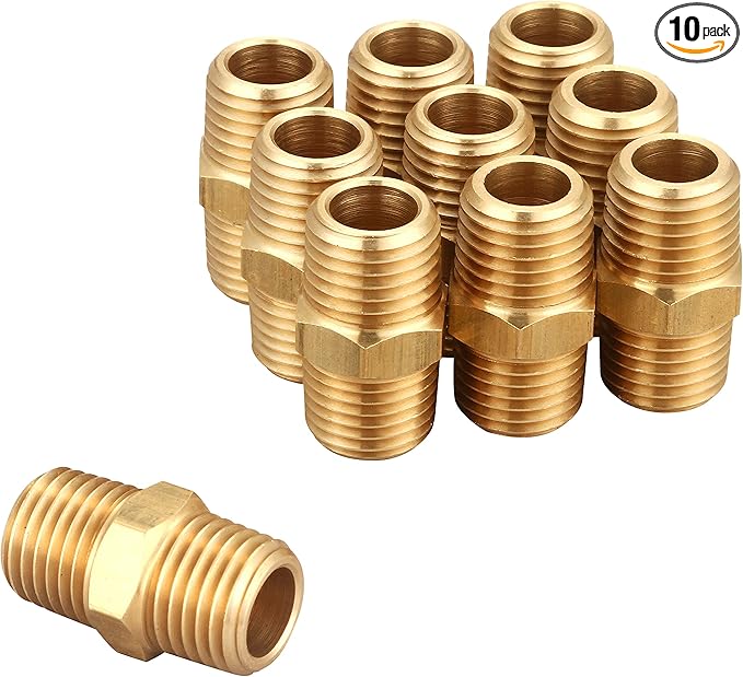 1/4 Inch NPT x 1/4 Inch NPT Male Thread Solid Brass Hex Nipples, Pipe Fitting and Air Hose Fittings, Thread 1/2" OD to 1/2" OD, (10 Piece)