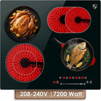 K&H 4 Burner 24 Inch Built-in Electric Stove Top Radiant Ceramic Cooktop SLIDER Touch Control 240V 7200W CE24-7206SL