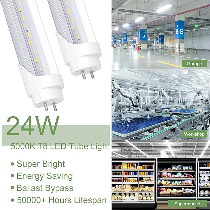 25-Pack T8 LED Bulbs 4 Foot, 24W 3200LM 5000K Daylight Tube Lights, Ballast Bypass, Type B, Dual-End Powered, Replacement for Fluorescent Tubes, G13 Base, Clear