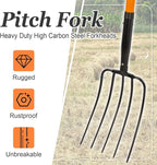 5 Tine Pitchfork for Gardening, Heavy Duty Pitchfork with Fiberglass Handle, Garden Fork for Mulching, 58 Inches