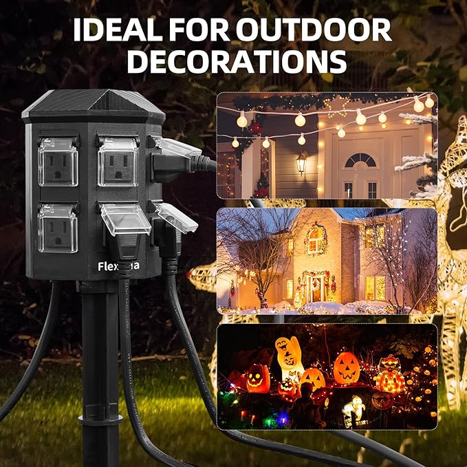 Outdoor Power Strip Timer Waterproof, Dusk to Dawn Light Sensor Countdown, 50 Feet Extension Cord, 6 Grounded Outlets for Halloween and Christmas Decorations, ETL Listed