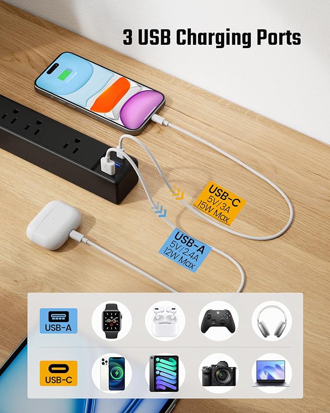 10Ft Extension Cord with Multiple Outlets, SUPERDANNY Flat Plug Surge Protector Power Strip with 3 USB Ports & 6 Outlets, 10 Ft Long Cord, Black Charging Station for Home Office, Dorm Room Essentials