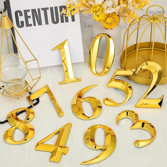 Jetec 10 Pcs House Numbers 3D Door Mailbox Numbers 0-9 Self Adhesive House Door Street Address Stickers for, Apartment, Office, Hotel Room, Mailbox Signs(4 x 2.5 Inches,Gold)
