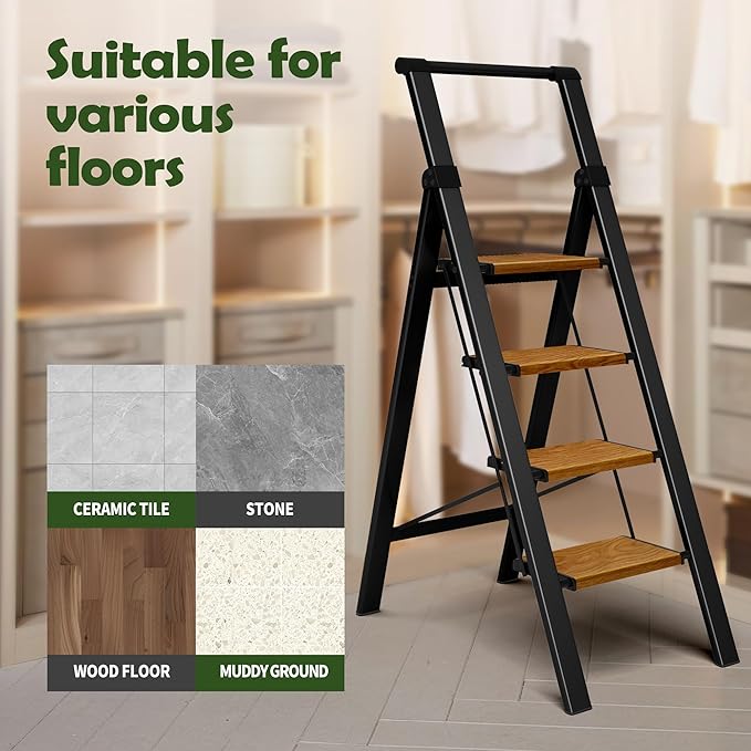 Taranta 4 Step Ladder, Portable Folding Ladder with Wide Pedal, Lightweight Aluminum Step Stool with Convenient Handgrip, 330 lbs Capacity Stepladder for Home, Office - BlackWoodgrain