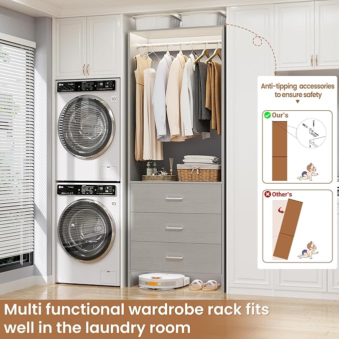 Aheaplus 2FT Closet System with 3 Drawers, 24’’ Closet Organizer, Wood Closet Organizer System, Walk-in Closet or Small Closets Wardrobe, Clothes Rack with Hanging Rods,-E6, Grey
