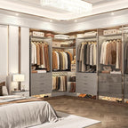 Aheaplus Closet System with 6 Drawers, 4 Hanging Rods & Corner Tower, Corner Closet System with Hanging,80.9" L-Shaped Walk-In Wardrobe Organizer, 2000+ lbs Capacity, Set of 3, Grey