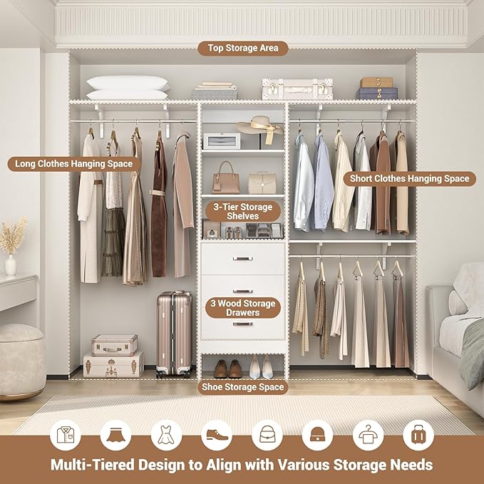 Closet System with Drawer - 8FT Wood Closet Organizer System with 3 Hanging Rods and Shelving Tower, 96" Walk In Closet Organizer Wardrobe, Heavy Duty Garment Rack Clothes Rack, White