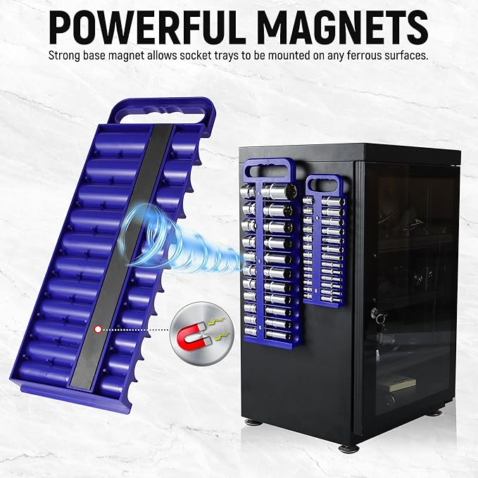 Magnetic Socket Organizer Set, 3-Piece Blue Portable Magnetic Socket Holder Tray, Heavy Duty Socket Racks For 1/2-inch& 3/8-inch& 1/4-inch Drive, Hold 76 Sockets - Fit Shallow&Deep Sockets