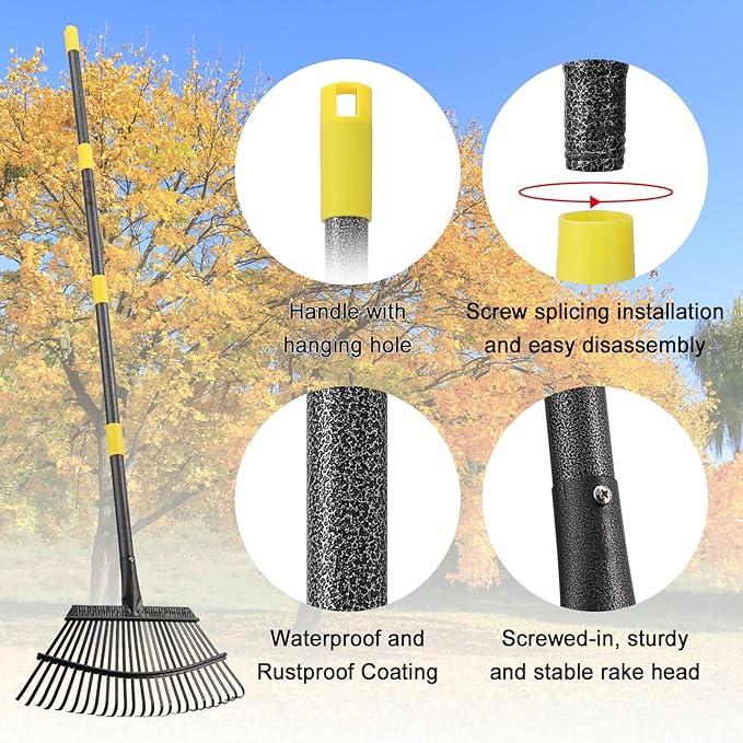 79" Leaf Rake- 25 Metal Tines 18" Wide Adjustable Long Handle Metal Leaf Rake for Lawns Heavy Duty for Yard Lawn Shrub Garden Beds